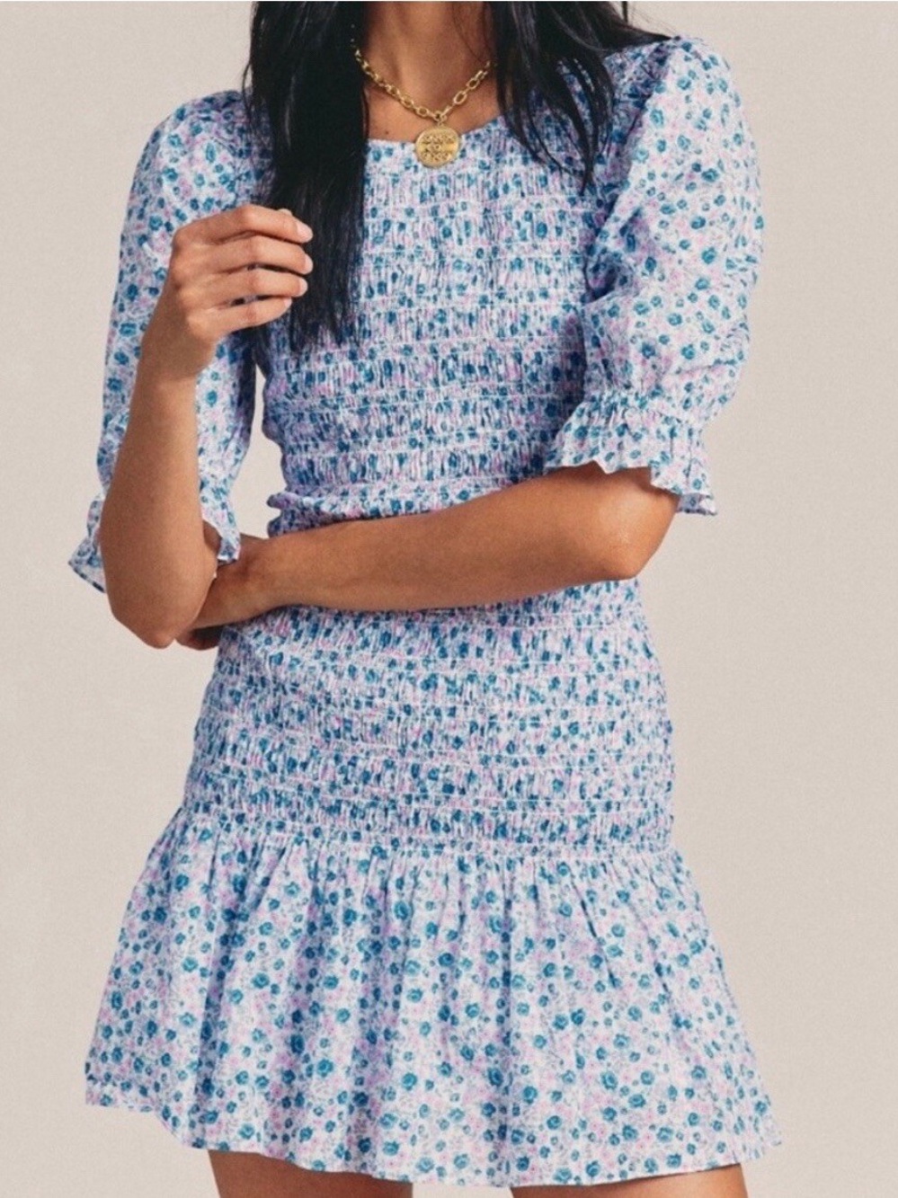 Floral Smocked Mini Dress in Light Blue